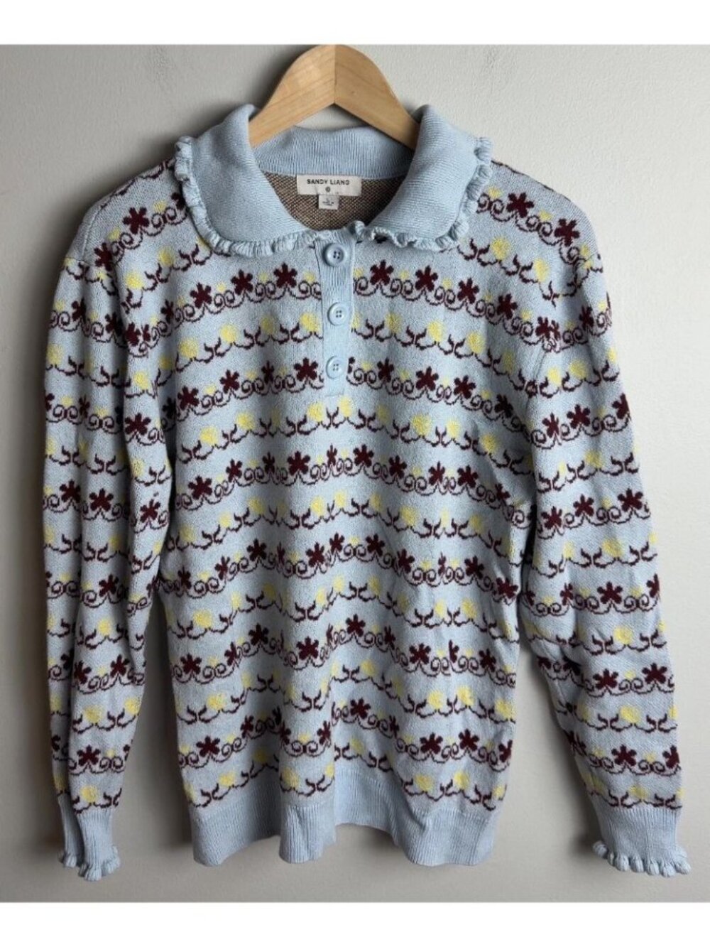 Sandy Liang x Target Floral Knit Polo Sweater Ruffle Collar Blue Size Large Wm’s